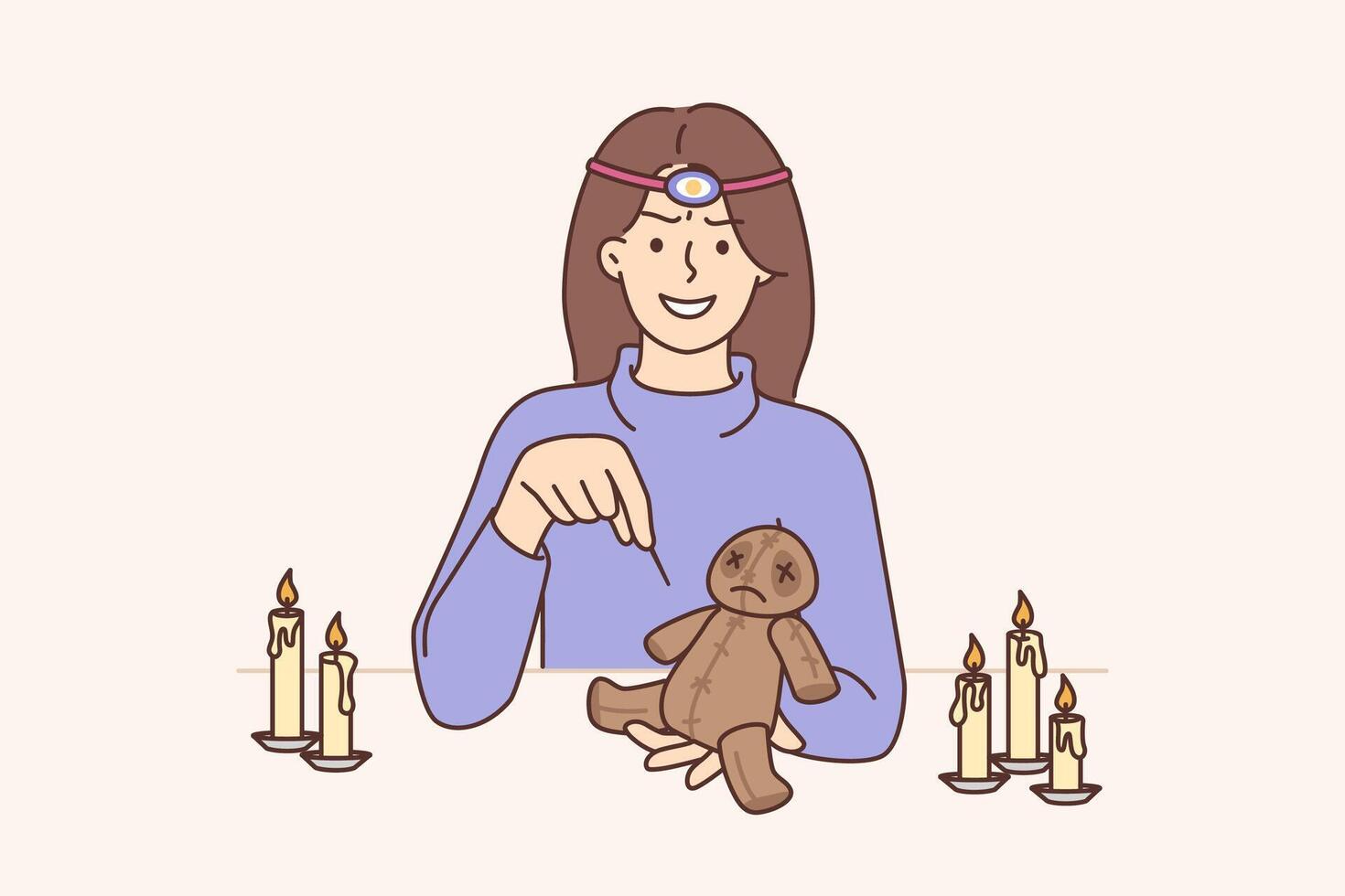Voodoo doll in hands woman magician who uses black magic to cast spells on person vector