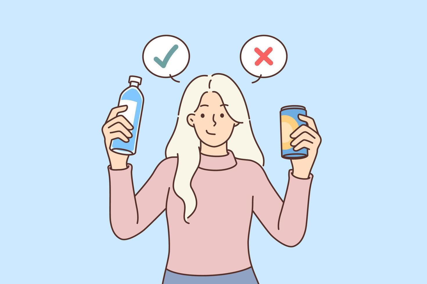 Woman chooses between mineral water and soda, recommending giving up unhealthy sweet drinks vector