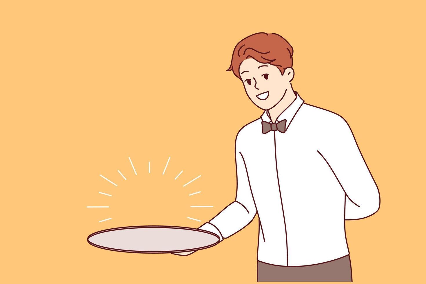 Man waiter with empty tray holds hand behind back, suggesting that you visit fabulous restaurant vector