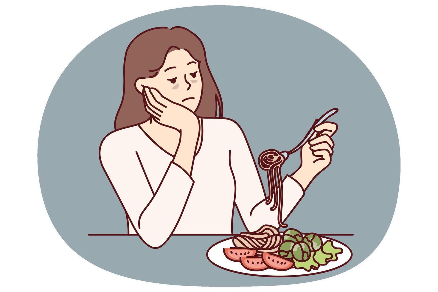 Woman suffering from anorexia is sad due to lack appetite and sits at table with spaghetti in plate vector