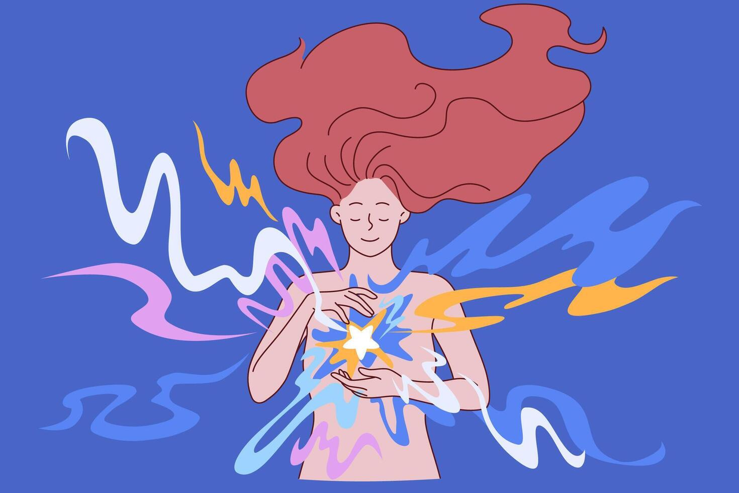 Esoteric energy inside smiling young woman, with glow in chest symbolizing pure soul. vector