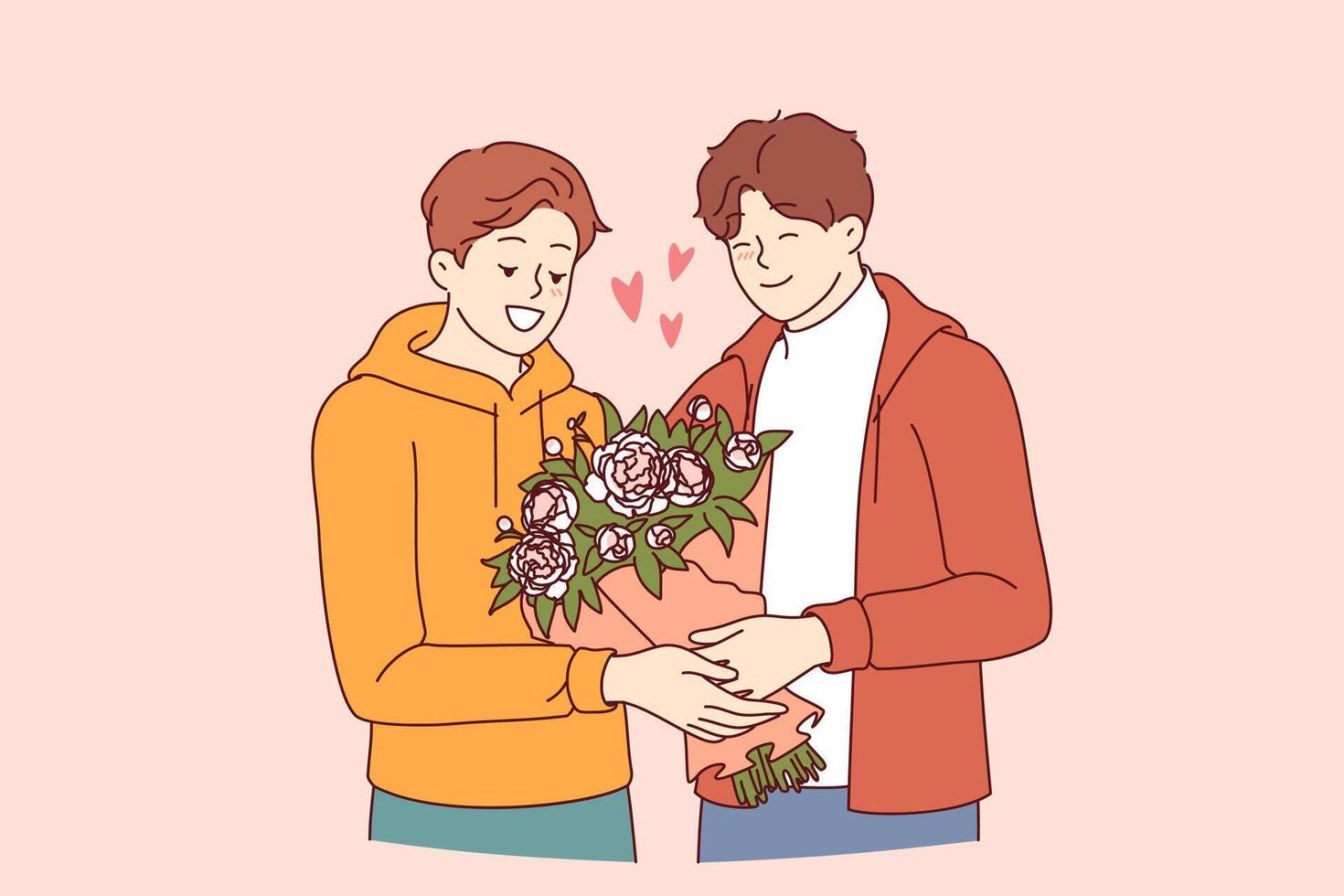 Gay man gives flowers to boyfriend during date and feels safe thanks to society tolerance for LGBT vector