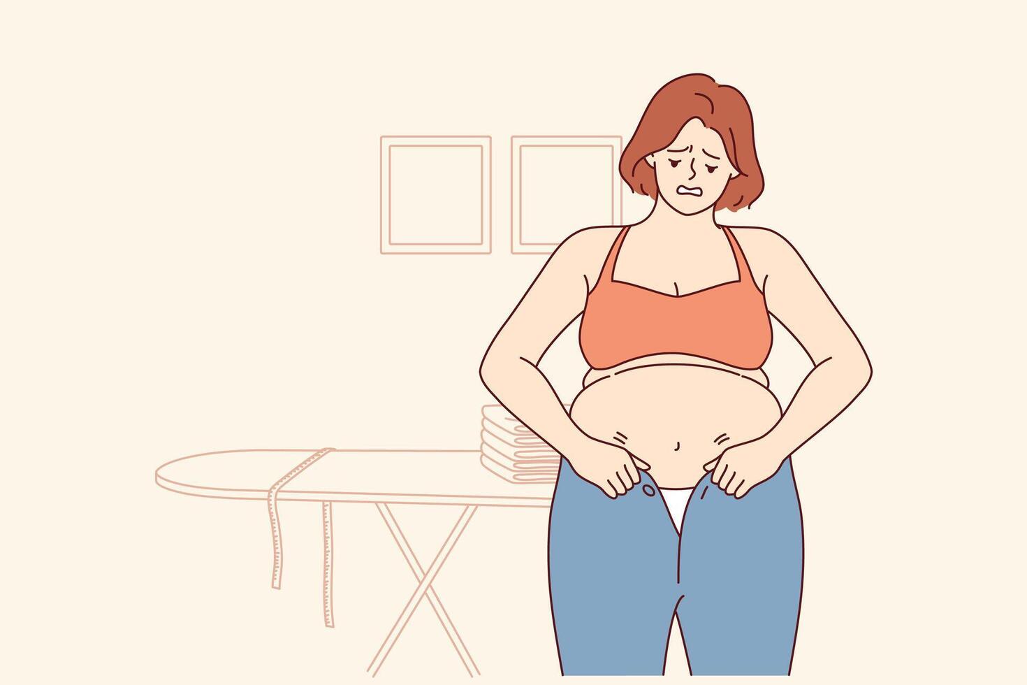 Woman experiencing problems with excess weight tries to put on small pants, and needs diet or fitnes vector