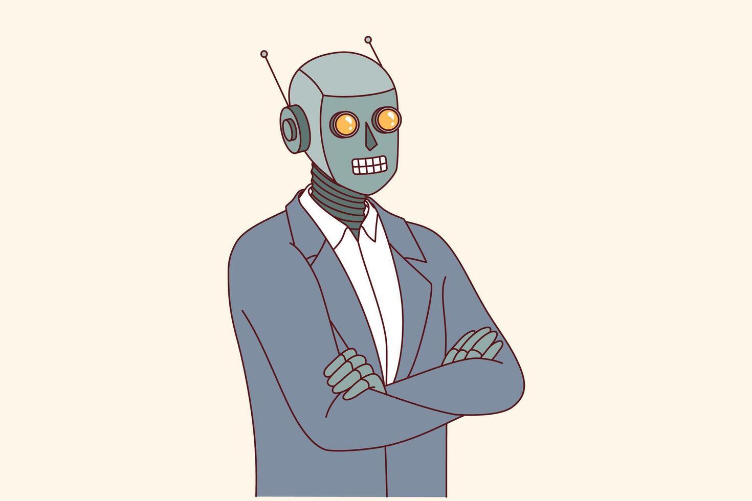 Humanoid robot in business suit with arms crossed, demonstrating confidence in superiority of AI vector