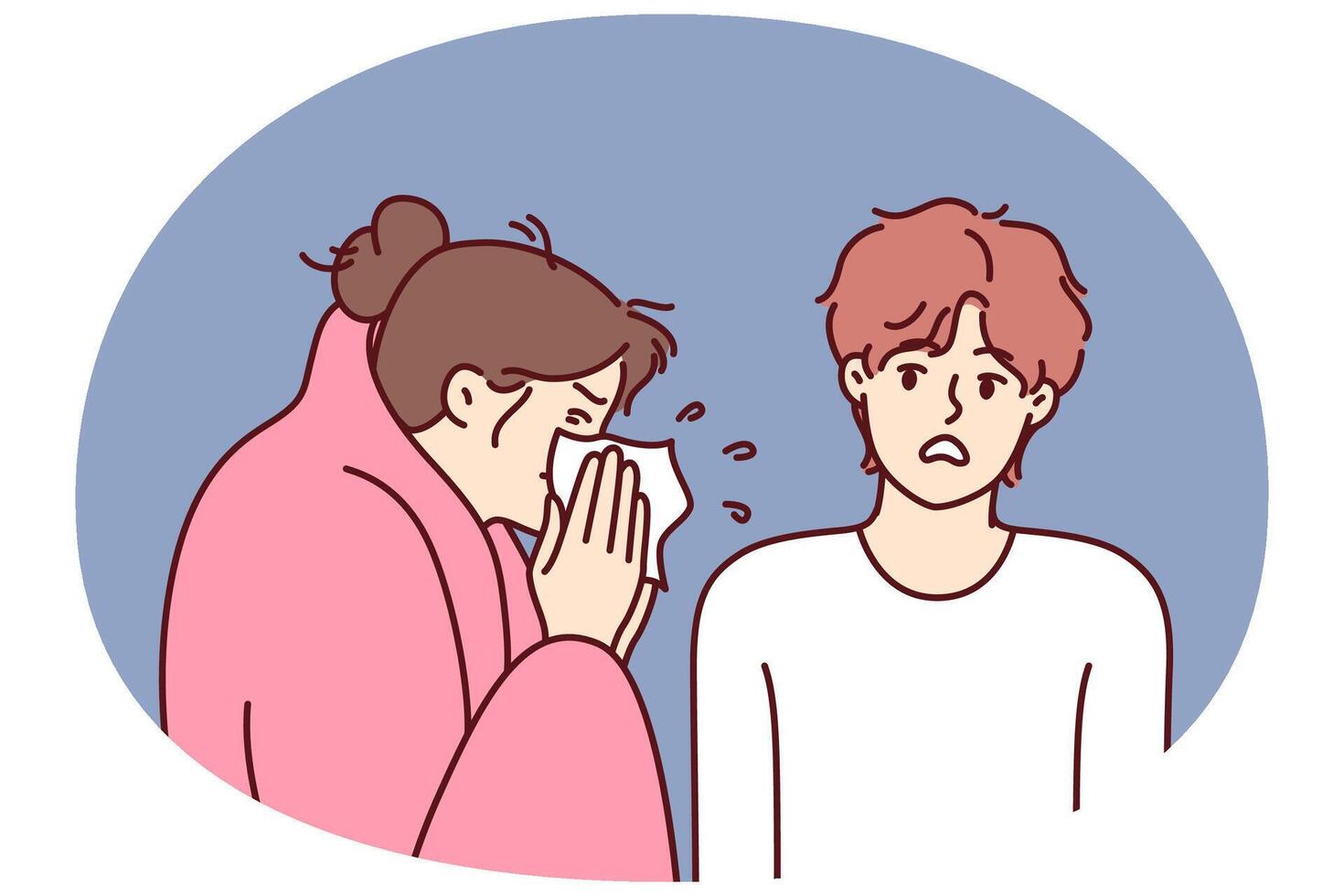 Sick woman sneezes standing near guy afraid of contracting dangerous flu or cold vector