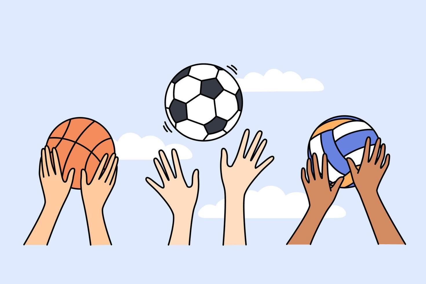 Balls in hands of people playing football or basketball and volleyball to maintain physical shape vector