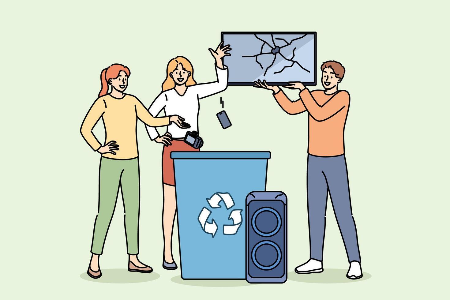 Disposal household appliances for recycling demonstrated by people throwing devices into trash can vector