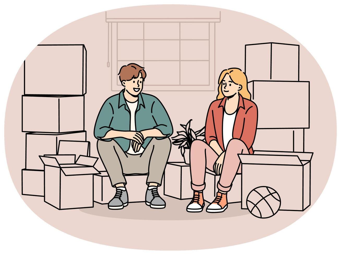 Couple sitting among boxes of belongings after moving into new house or apartment vector