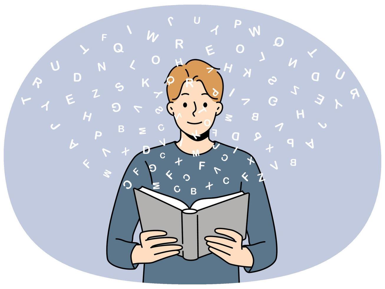 Polyglot man reads book with dictionary and learns new language standing among flying latin letters vector
