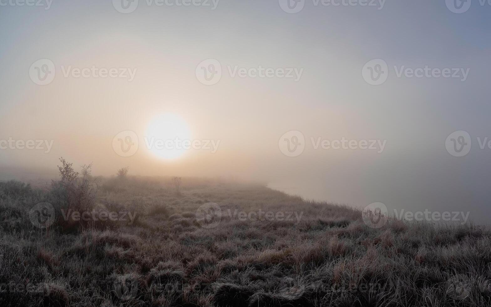 The sun rises over the field in a thick fog. Minimalistic natural foggy landscape. The shore of the lake is barely visible in the morning fog. Panoramic view. photo