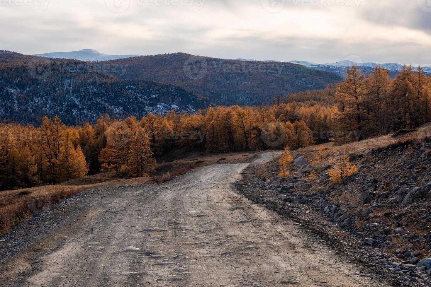 Mountain autumn off-road track to high mountain village in Altai region. Dangerous narrow cliffside mountain road through sharp rocks. Dangerous dirt driving along mountain to edge and steep cliffs. photo