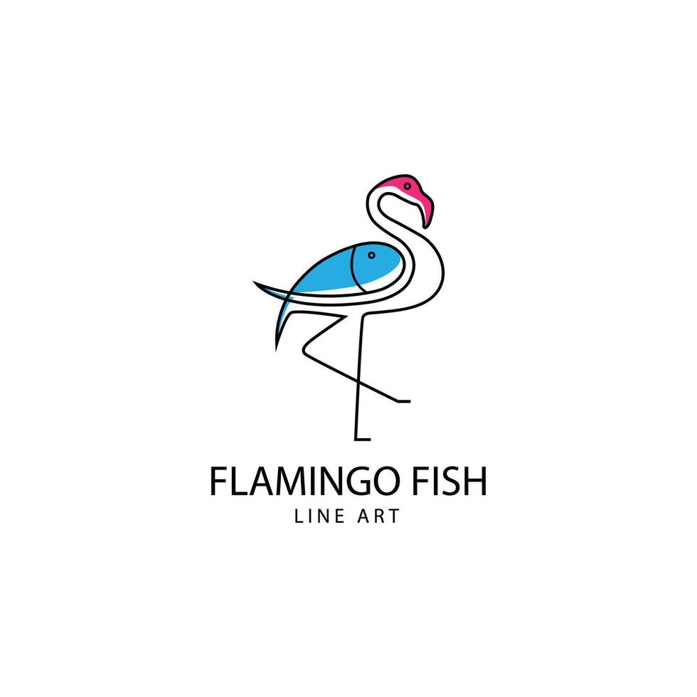 flamingo and fish animal line logo design illustration vector