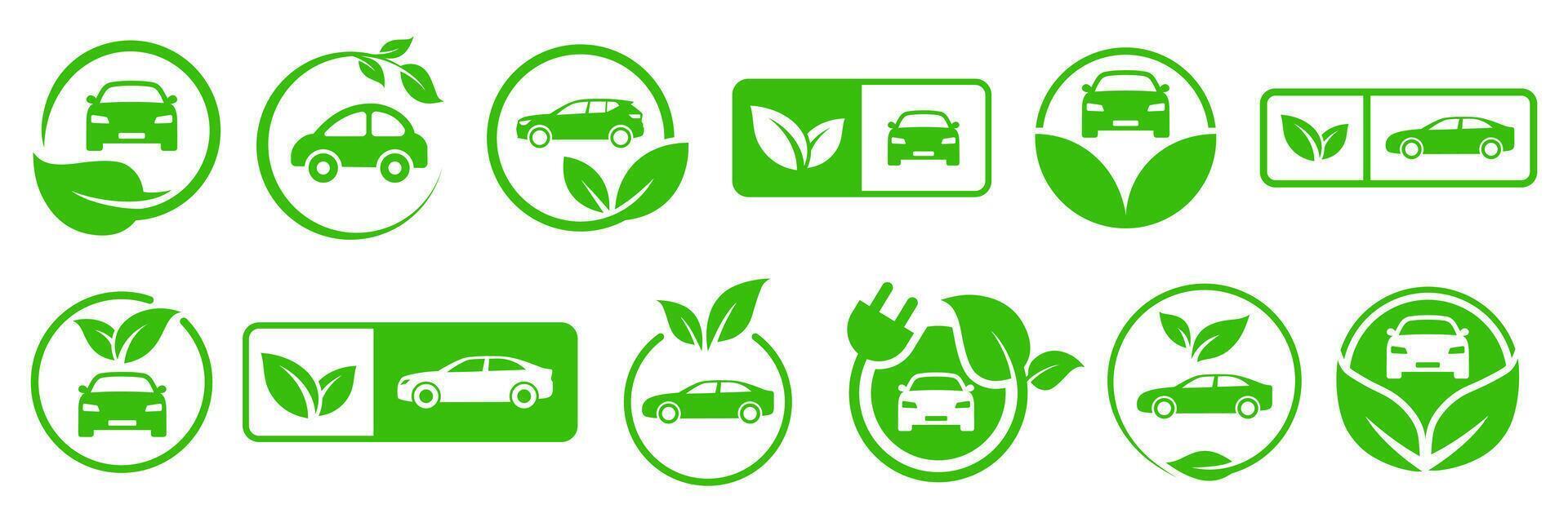 Set of green electric cars with plug. Electric car with plug icon set. EV car, Green hybrid vehicles charging point. Eco friendly vehicle concept. vector