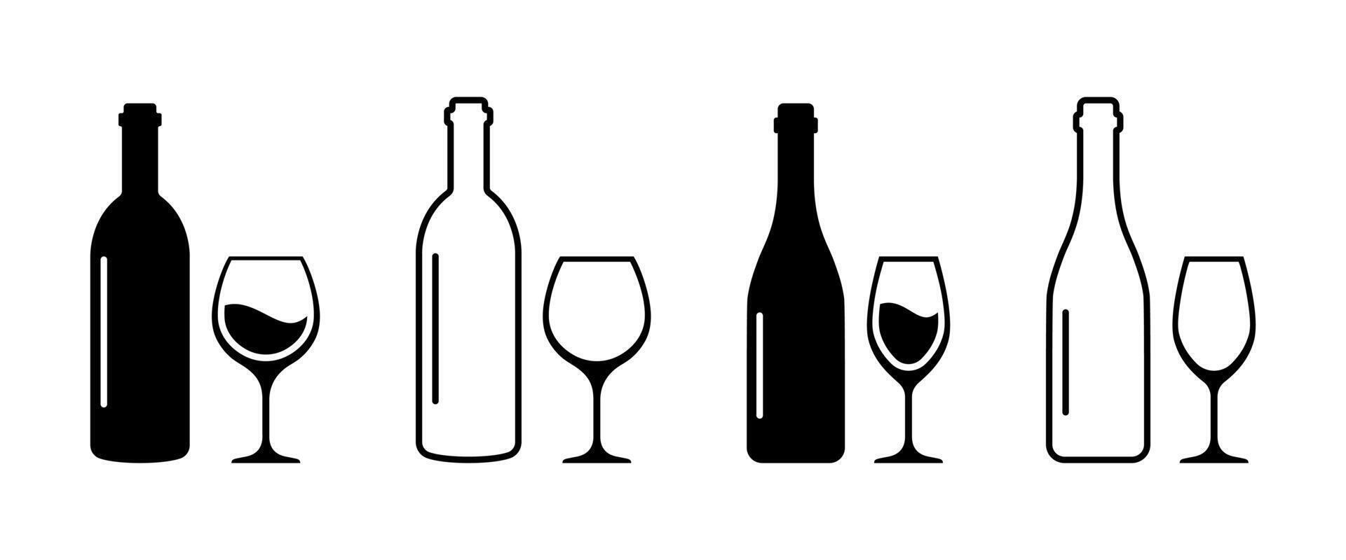 Set of wine bottle with wine glasses icons. Silhouette bottle and glass of wine. Alcohol glass icon vector