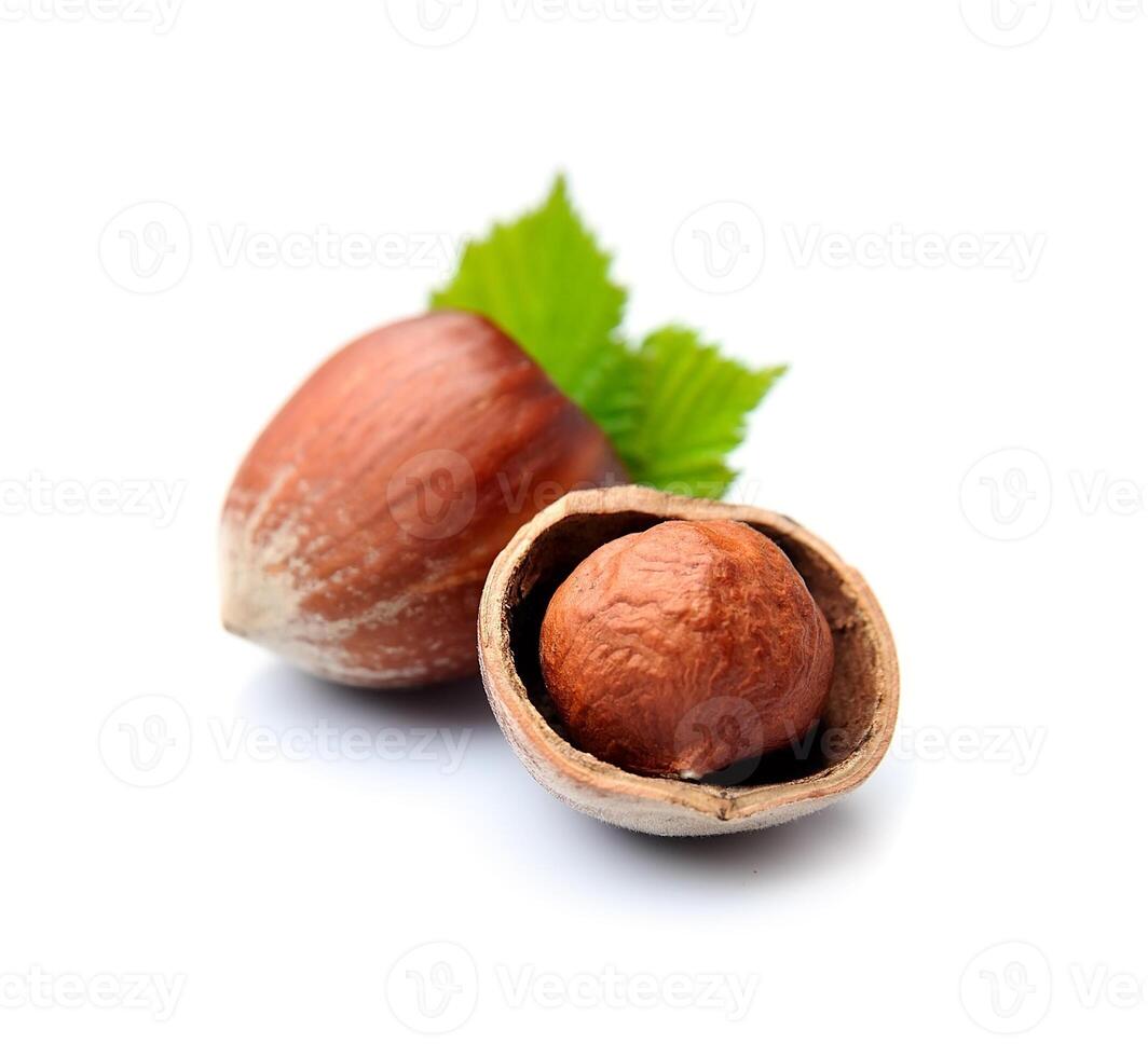 Hazelnuts isolated with leaves on white backgrounds. Filbert kernel closeup photo