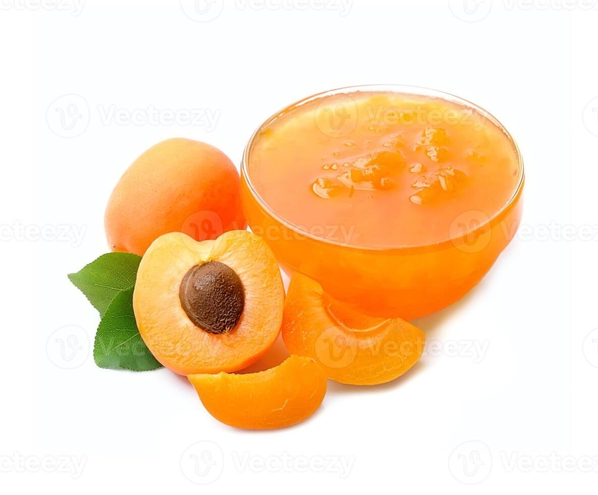 Apricots jam and apricots fruits on white backgrounds photo
