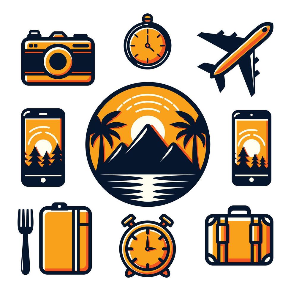 Explore the World. Travel Themed Icon Collection with sunset concept vector