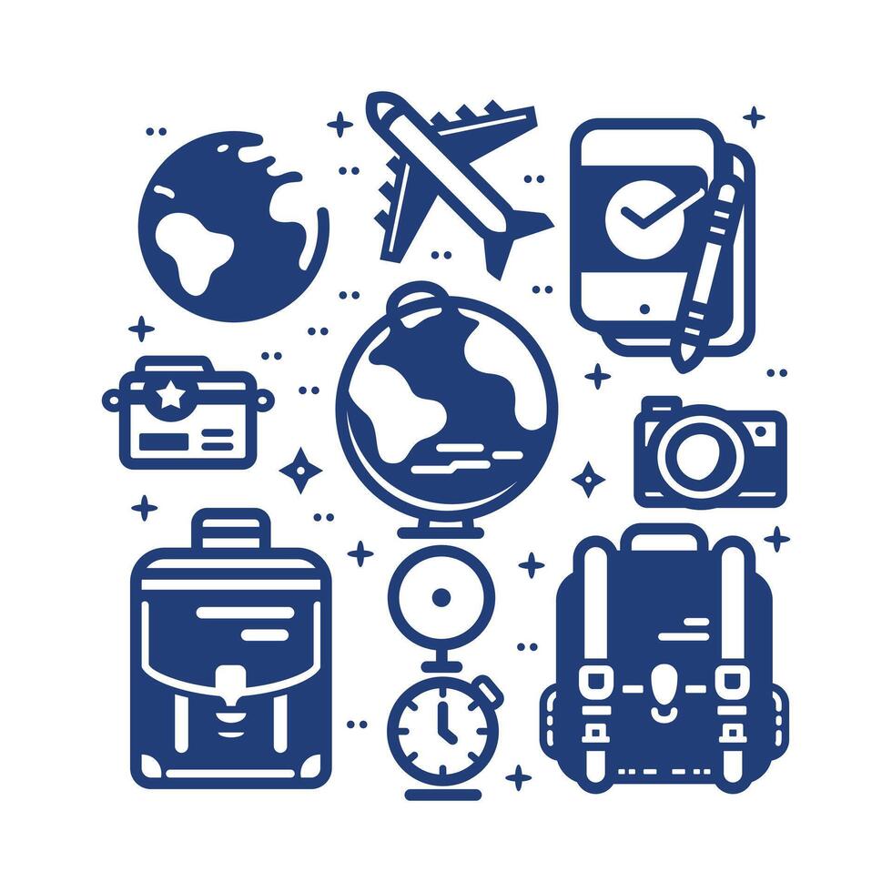 Explore the World. Blue Travel Themed Icon Collection vector