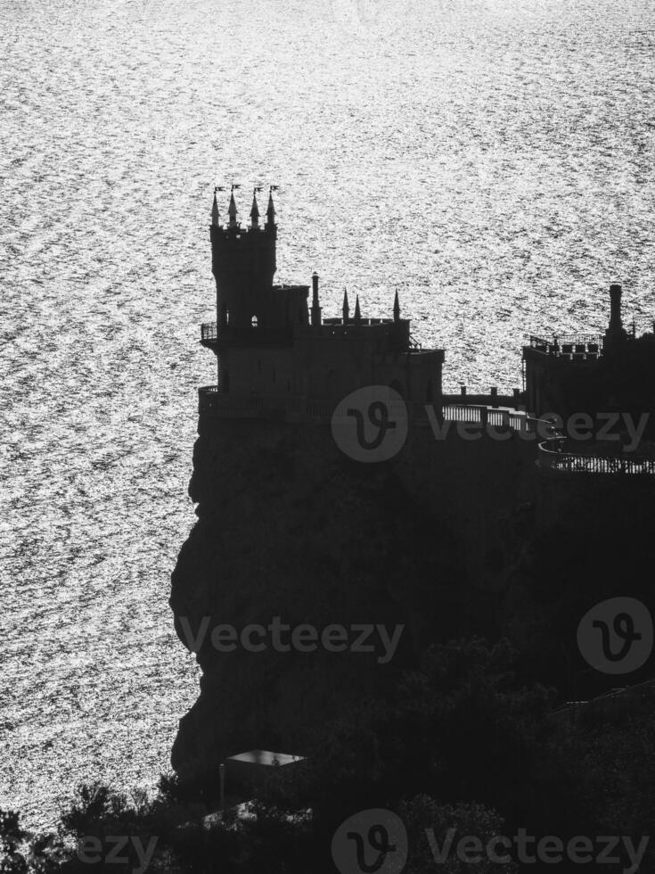 Black and white silhouette of the Castle Swallow's Nest in Crimea photo