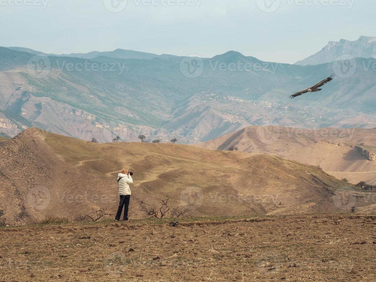 A woman with a camera captures the flight of an eagle in the mountains. photo