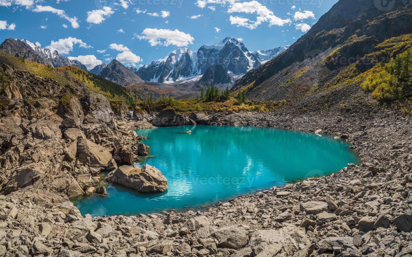 Panoramic autumn view to mountain lake on background of mountain photo