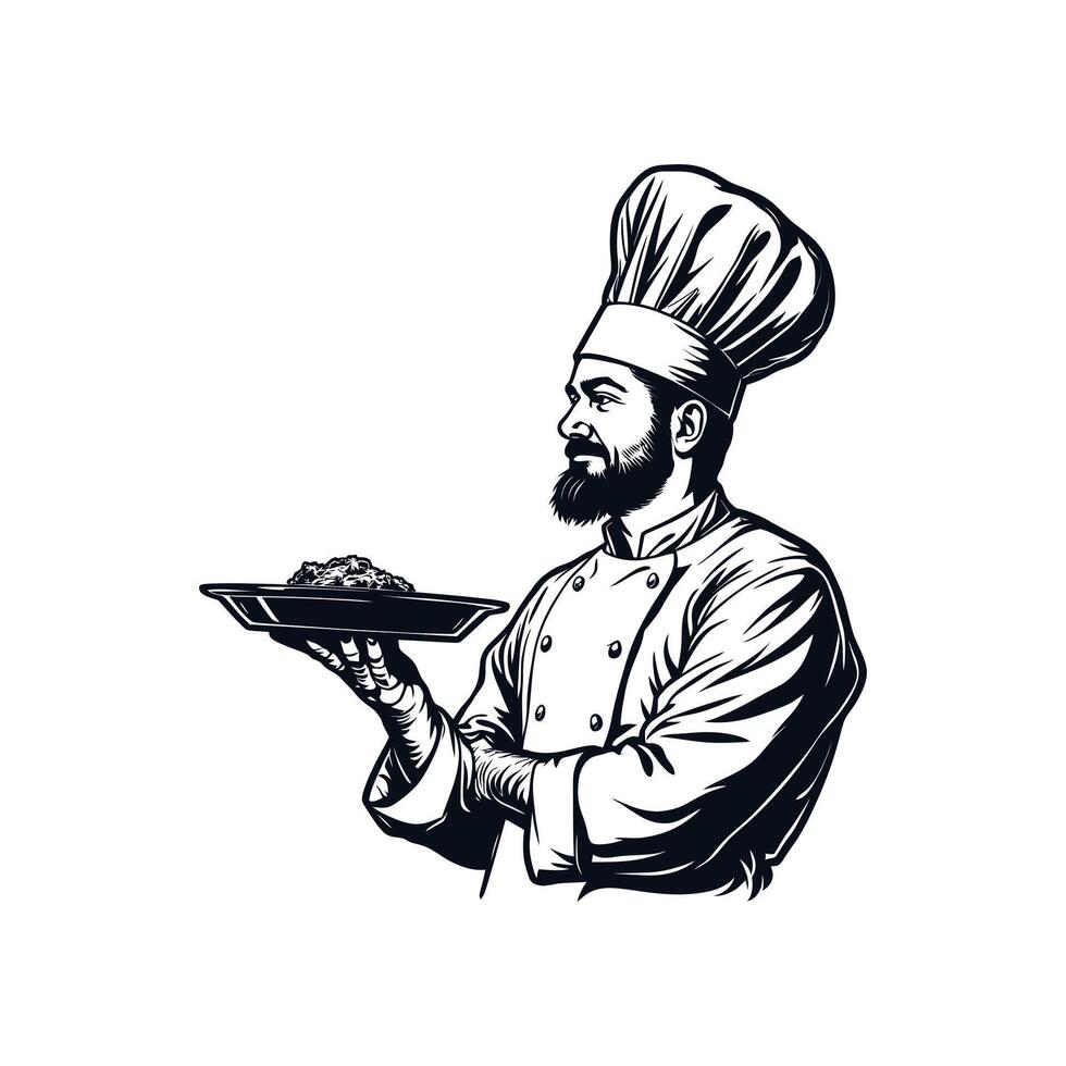 chef cartoon illustration with cook hat and a food plate on hand for cooking food black line art isolated on white background vector