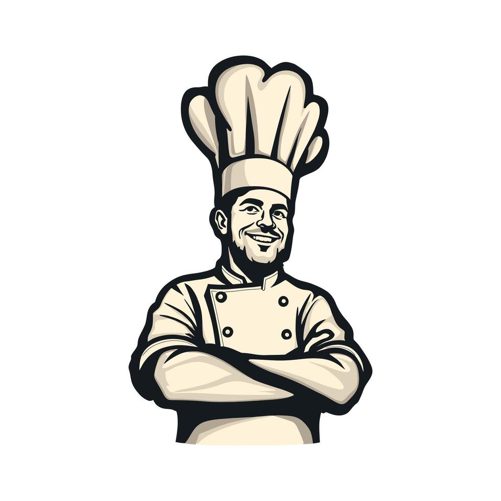 Happy Master chef cartoon illustration with cook hat and cross hand black line art isolated on white background vector