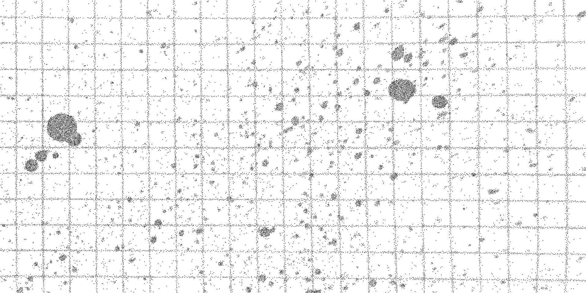 Gritty halftone dot overlay with tiny black paint splashes and chaotic ink stains layered on a textured checkered paper surface. vector