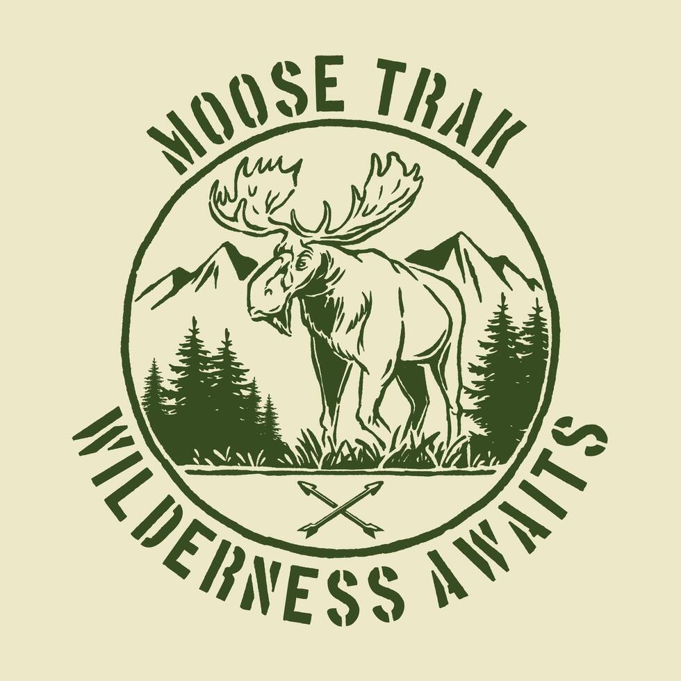 Retro-style badge featuring a moose within a circular emblem surrounded by a wilderness backdrop, ideal for hunting club logos, outdoor merchandise, and adventure branding. vector