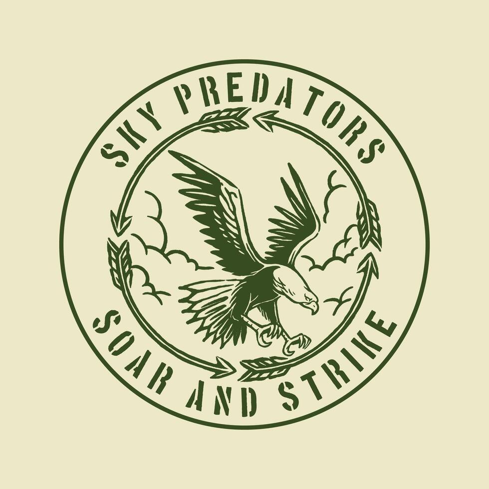 Retro-style badge featuring a bold eagle soaring through the sky with circular text design elements, perfect for outdoor adventure branding, hunting clubs, and wildlife merchandise. vector