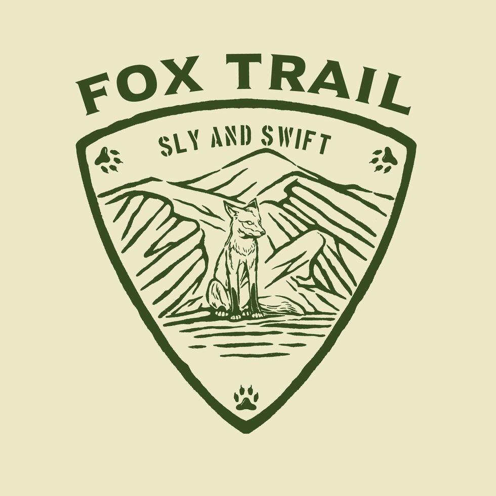 Retro-style badge featuring a fox within a shield design, accompanied by mountain scenery and paw prints, ideal for hunting clubs, outdoor merchandise, and adventure branding. vector