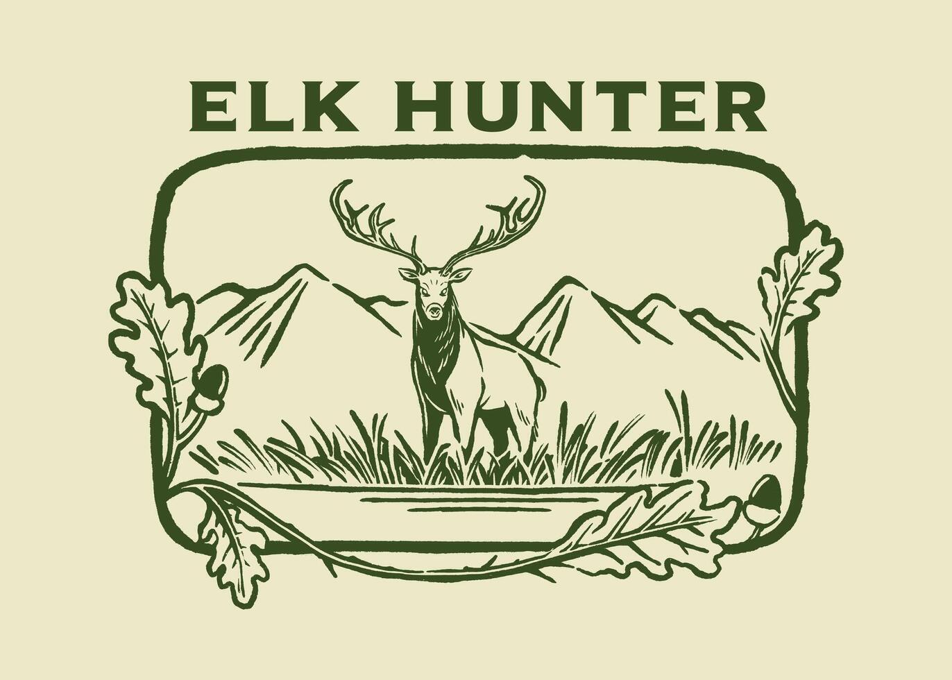 Retro-style badge featuring an elk standing majestically in a wilderness scene with surrounding mountain and oak leaf designs, ideal for hunting clubs, outdoor branding, or merchandise. vector