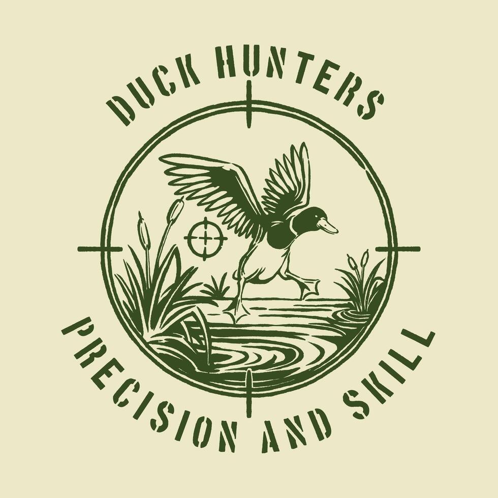 Retro-style hunting badge featuring a duck flying over a wetland with crosshair details, ideal for outdoor adventure clubs, duck hunting branding, or merchandise designs. vector