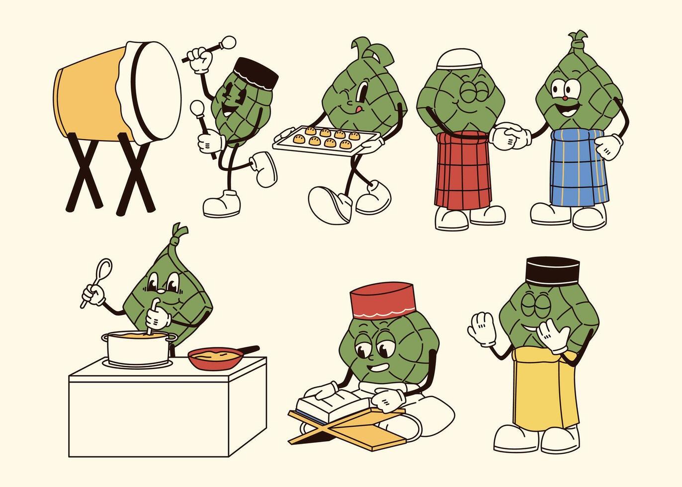 Retro Mascot Ketupat Eid Fitr Activities vector