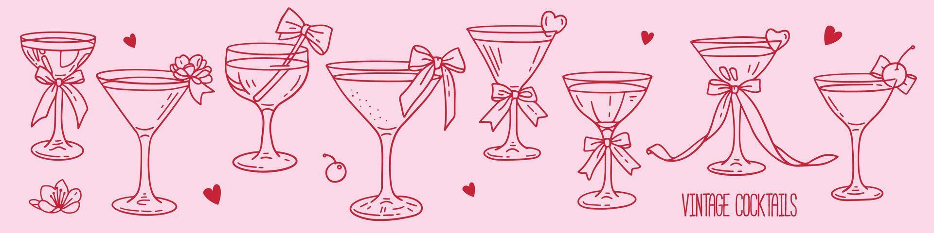 Cute vintage cocktail elements decorated with coquette bows, ribbons. Flowers, hearts, cherry with champagne and martini glasses. Elegant Hand drawn line art illustrations for Valentine's day. vector
