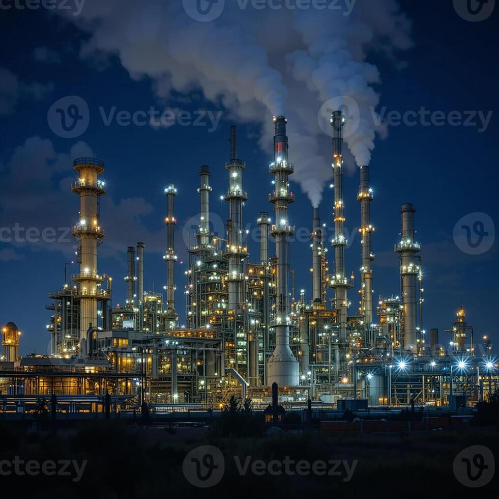 Oil refinery. Oil refinery at night. Oil plant photo