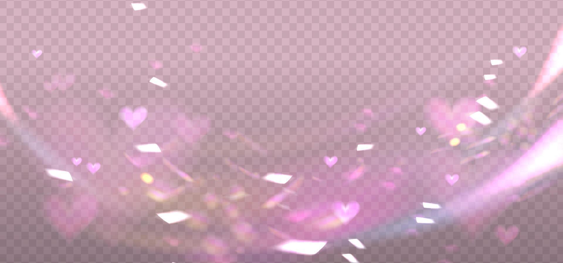 Prism pink romantic light sparkles overlay, crystal shine of heart light with flares. Prism light glasses or lens flare spectrum of gem glass refraction and sunlight shiny dispersion. vector