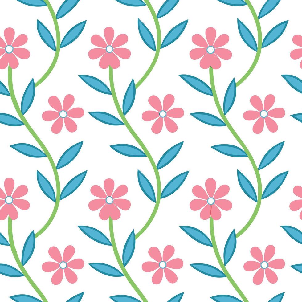 Pink Flowers, Green Stems, Blue Leaves, Seamless Pattern, Floral Design, White Background, Spring Bl vector