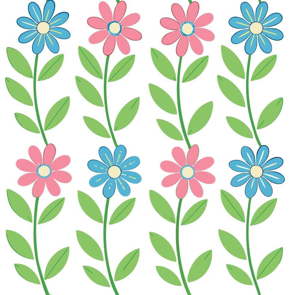 Pretty Pink and Blue Floral Vines, Springtime Flower Pattern vector