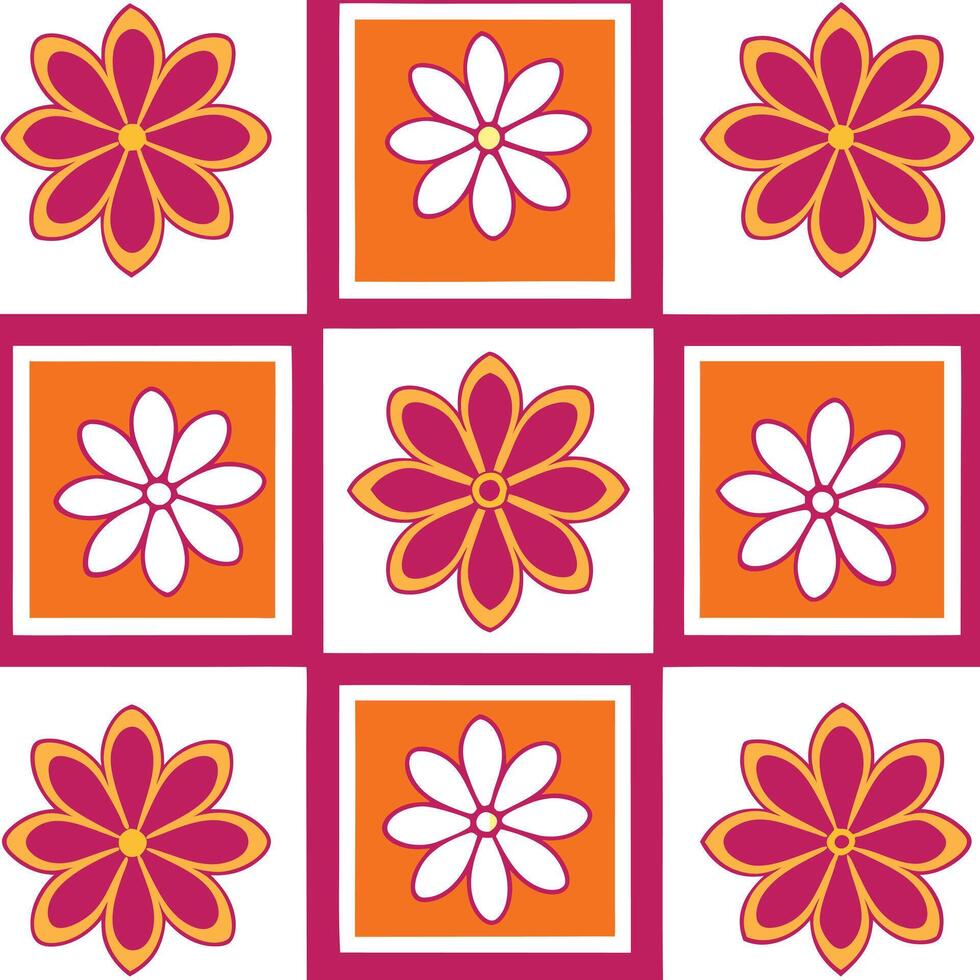 Orange and Pink Floral Tile Pattern Squares, Flowers, Design vector