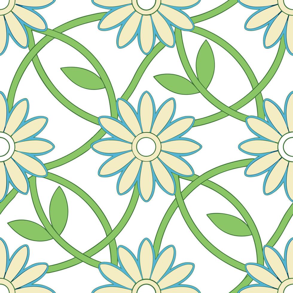 Floral Pattern Seamless Daisy Design, Green Vines, White Background vector