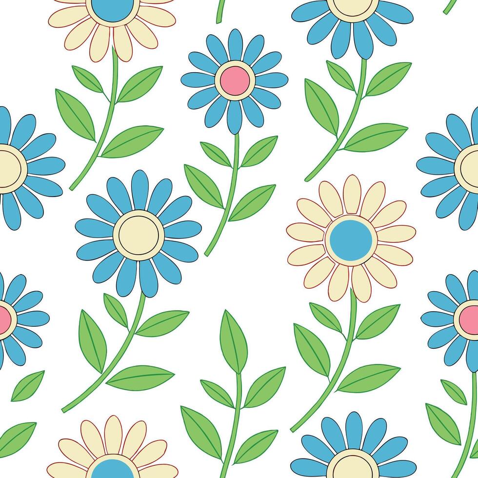 Retro Floral Pattern Daisy Blossoms, Seamless Design, Springtime vector