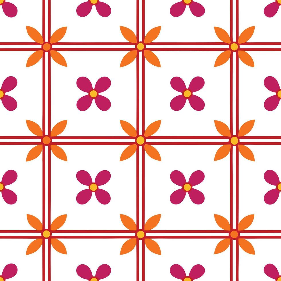 Floral Grid Pattern Orange, Red, and Pink Flower Design vector