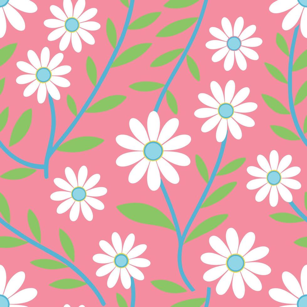 Pink Background Seamless Pattern of White Daisies and Green Leaves vector