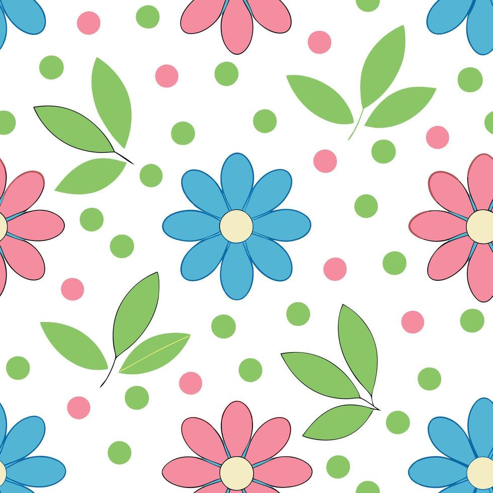 Seamless Pastel Flower Pattern Pink, Blue, Green Dots Leaves vector