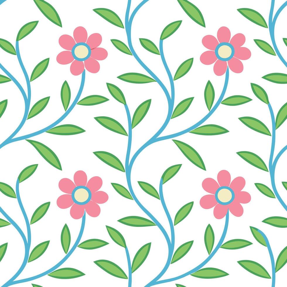Pink Flower Seamless Pattern Floral, Green Leaves, White Background, Teal Vines, Simple Design vector