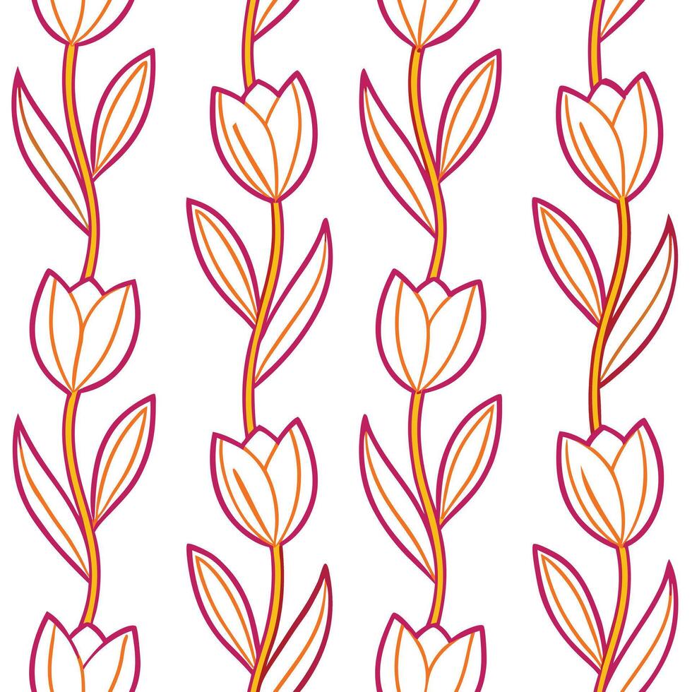 Elegant White Tulips, Orange Stems, Pink Leaves, Floral Pattern vector