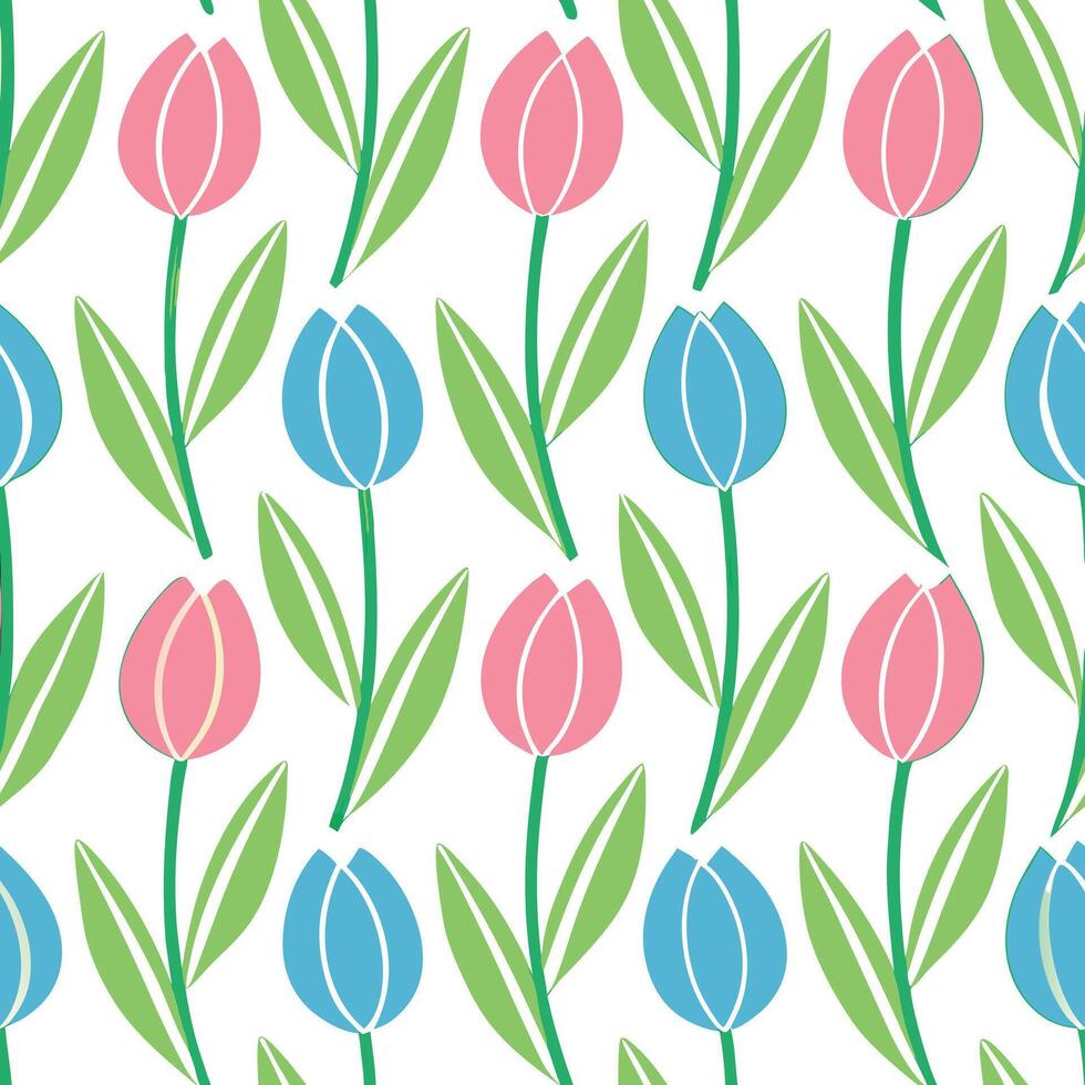 Pink and Blue Tulip Floral Seamless Pattern Design vector