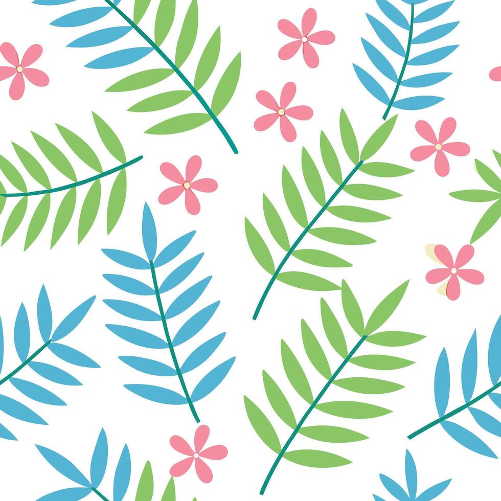 Seamless Pattern Tropical Leaves, Pink Flowers, White Background vector