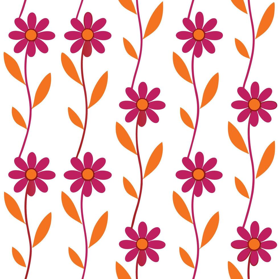 Floral Design Pink Flowers, Orange Leaves, White Background, Seamless Pattern vector